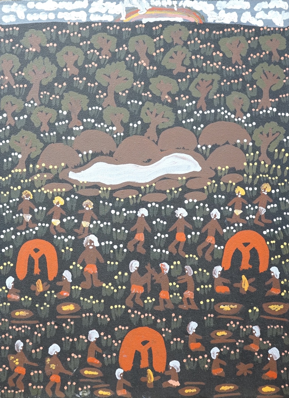 Audrey Kngwarreye, Aboriginal, Scene with figures, signed verso, oil on canvas, 40 x 30cm, unframed